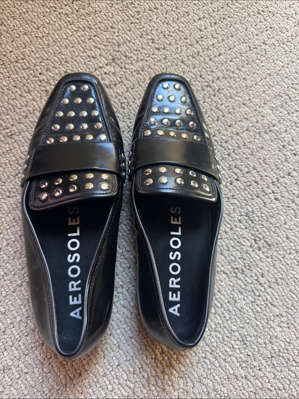 AEROSOLES Black Leather Studded Slip-On Loafers